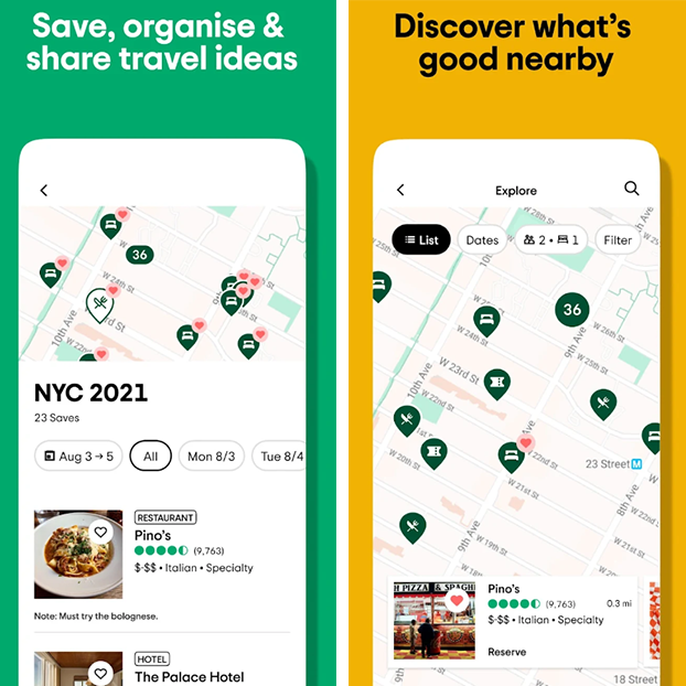 Two graphics of the Tripadvisor app. left - save organise and share travel ideas with a photo of a Trip plan for NYC 2021. right - discover what's good nearby with a photo of a map showing different points on interest.